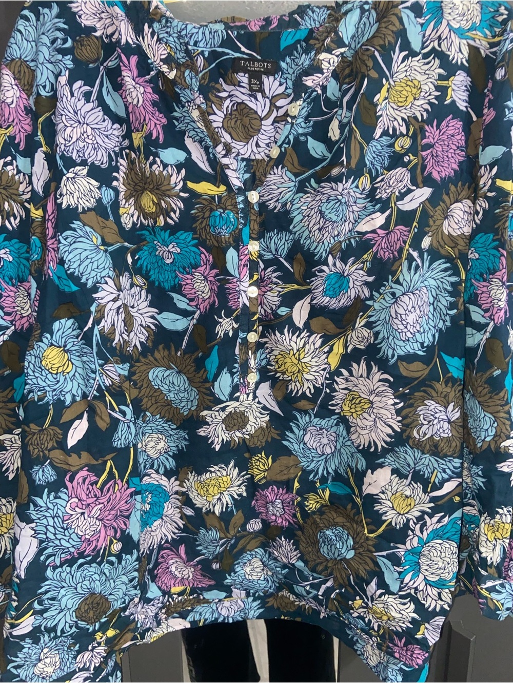 Talbots Navy Floral Button-Front Blouse with Multicolor Blooms - Picture 1 of 2